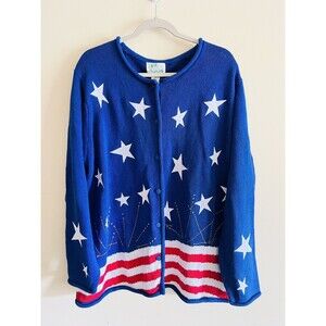 NWT Quacker‎ Factory QVC Cardigan Sweater Plus 1X USA Patriotic Fireworks VTG